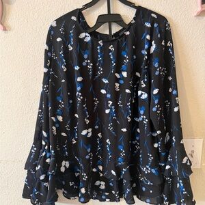 Worthington Black Floral Ruffle-Hem Long Sleeve Top